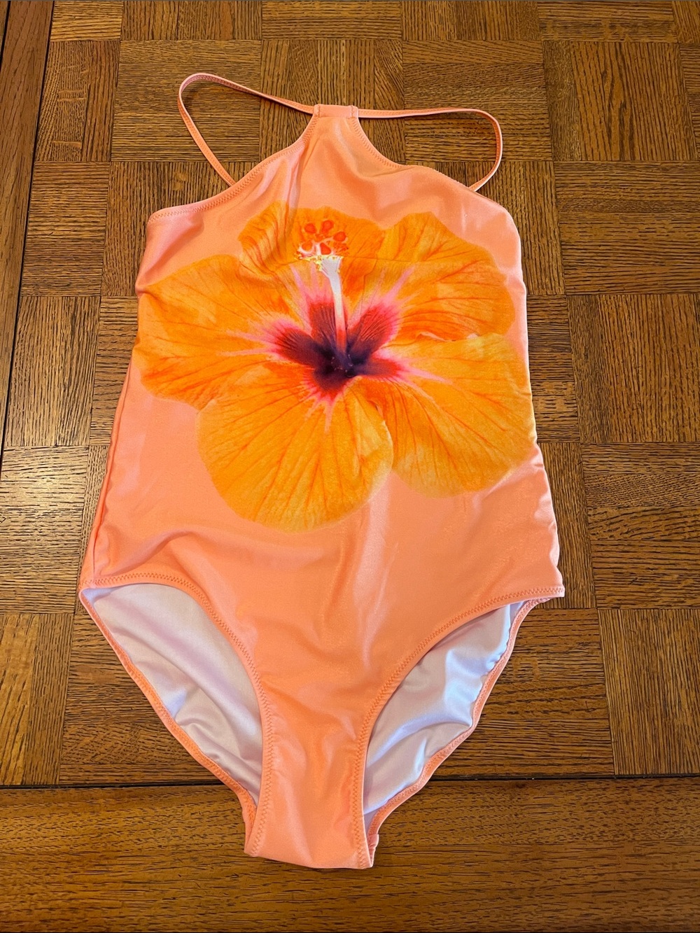 Zara kids Peach One-Piece Swimsuit with Orange Hibiscus size 13/14